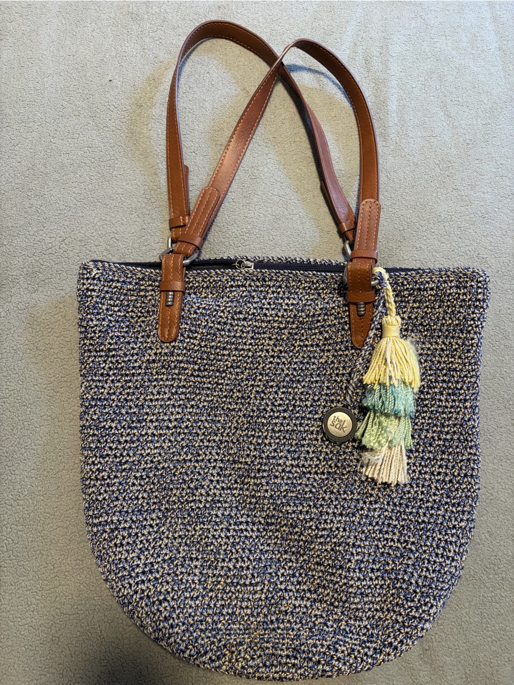 The Sak Brown-Handled Blue Knit Tote Bag with Tassel